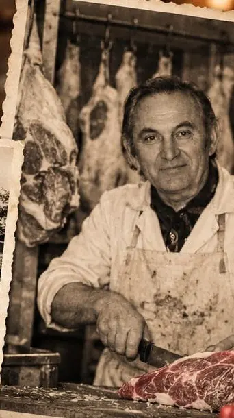Metzger in weißer Schürze beim Fleischschneiden, 1984
