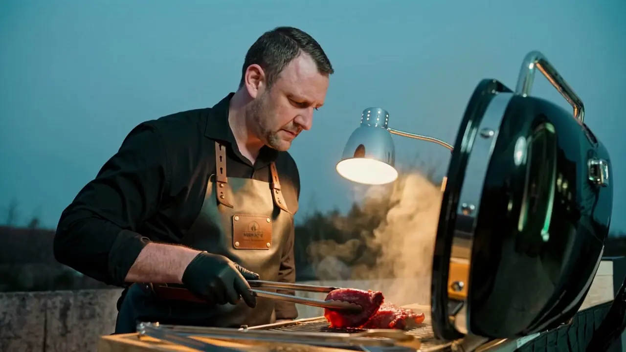 Honza, Head Grill Master, at a Weber Traveler grill in smoke above Prague
